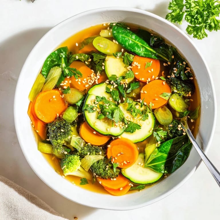 Close-up view of a wholesome Collagen-Boosting Broth Bowl, showcasing bright green spinach and celery in a savory, aromatic broth, ready to serve for a healthy dinner.