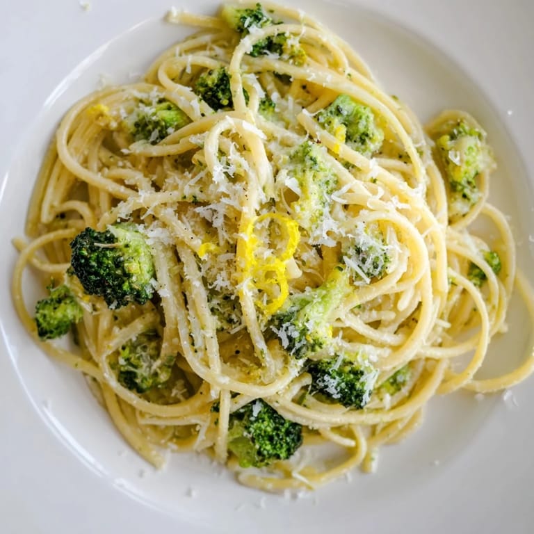 Fork lifting al dente spaghetti coated in garlicky lemon sauce with tender broccoli.  