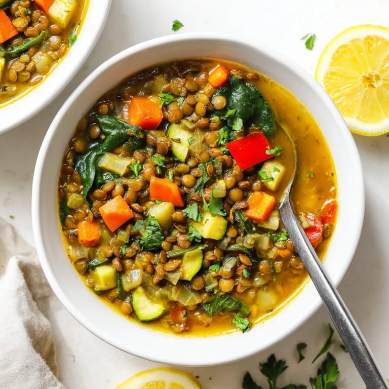 Close-up of a ladle scooping hearty Lentil and Vegetable Soup, showcasing warm spices and nourishing plant-based ingredients.