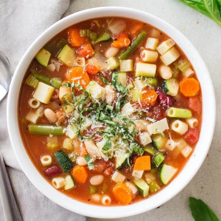 Hearty Minestrone Vegetable Soup simmering in a pot, filled with vibrant carrots, celery, green beans, and zucchini, ready to serve with crusty Italian bread.