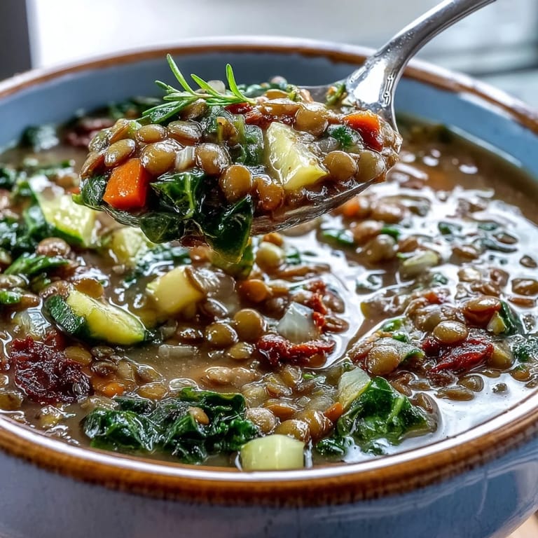 A ladle pouring savory Lentil Soup into a rustic bowl, garnished with fresh parsley and a wedge of lemon.