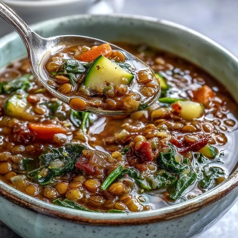 A close-up of the Lentil Soup, showing the rich textures of diced vegetables and spices in a warm, inviting pot.