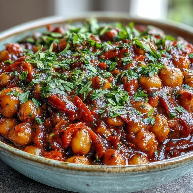 A rustic cast iron pot filled with hearty Spicy Chickpea Stew, simmering on a stovetop with visible spices and chunks of red bell pepper and carrots.