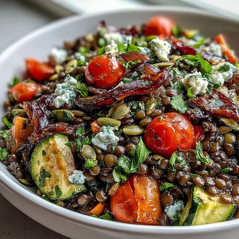 Colorful black lentil salad featuring tender roasted vegetables and glistening lemon vinaigrette, perfect for a healthy lunch.