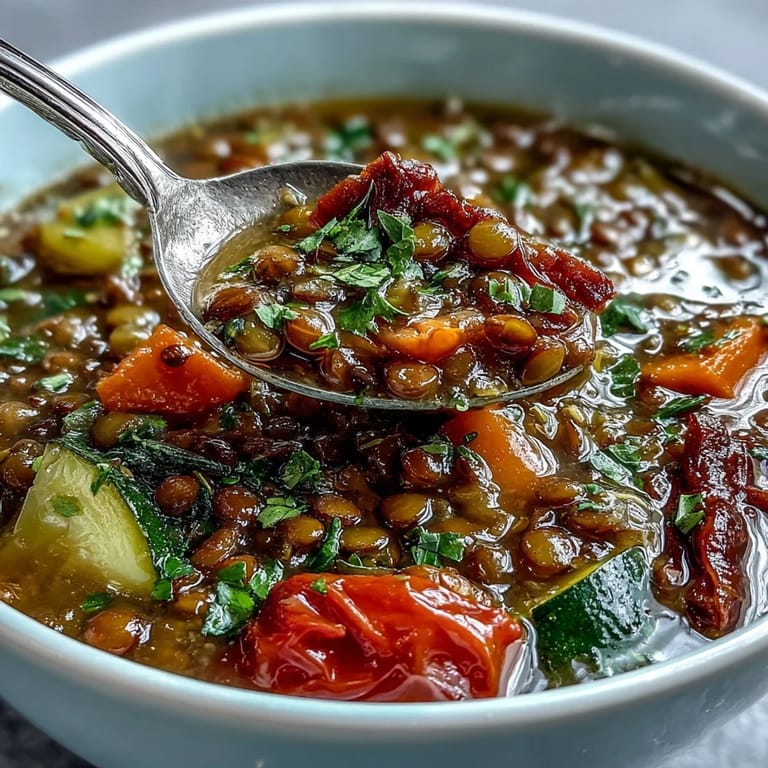 Rustic kitchen presentation of homemade Lentil and Vegetable Soup in a ceramic bowl beside crusty artisan bread.