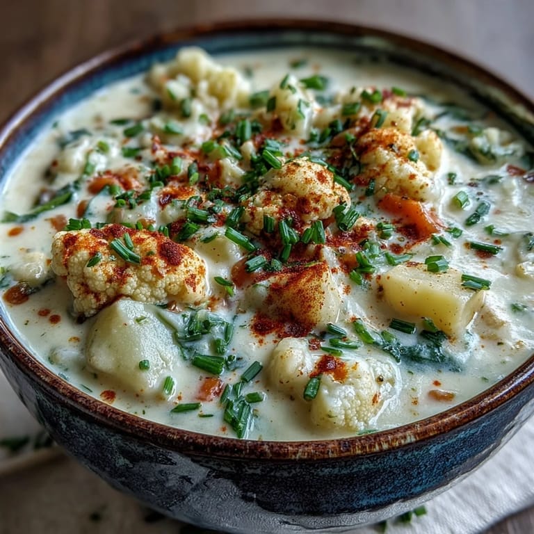This wholesome Vegetarian Cauliflower Chowder showcases cauliflower florets and diced potatoes in a rich, creamy broth with a sprinkle of paprika.  