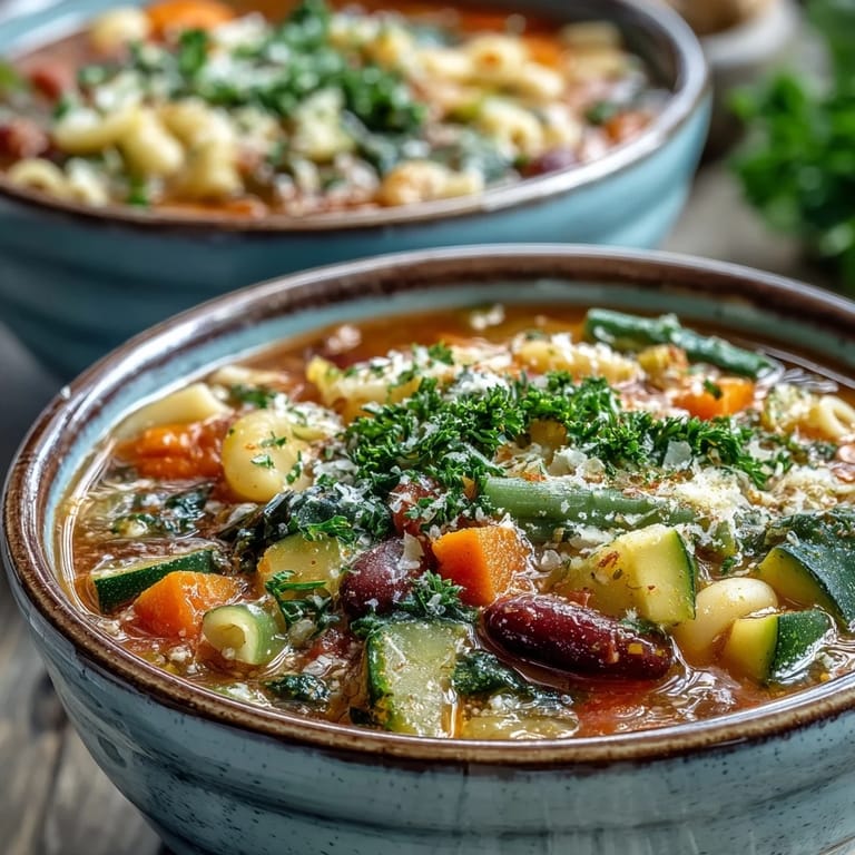 A close-up of minestrone vegetable soup in a rustic bowl, topped with Parmesan and served with crusty bread for dipping.
