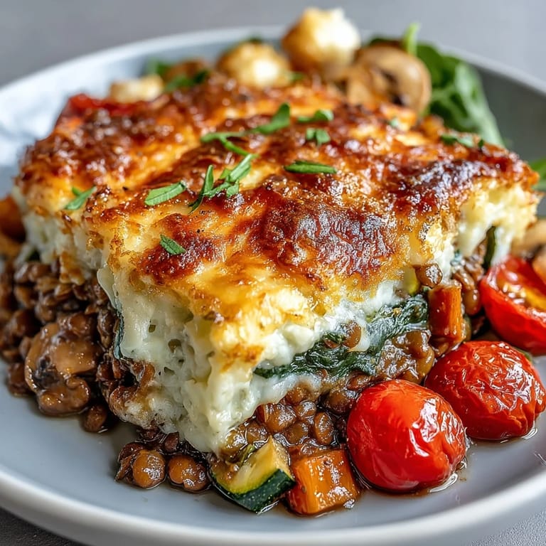 A close-up of Green Lentil and Vegetable Casserole highlights the rich, savory texture and vibrant mix of carrots, zucchini, and tomatoes.