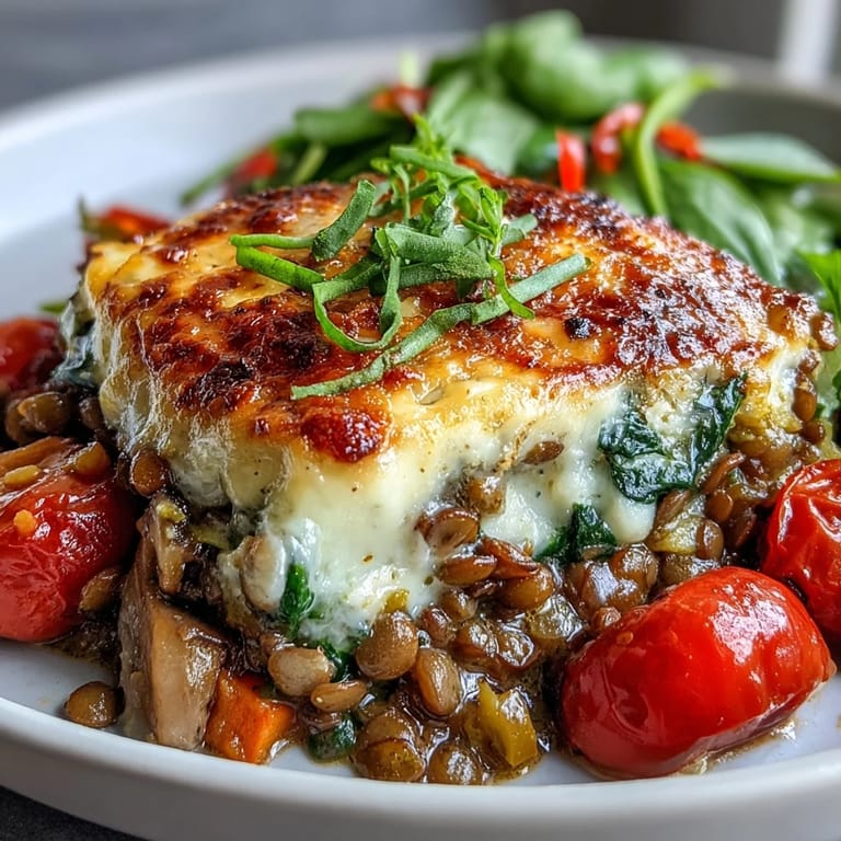 This hearty Green Lentil and Vegetable Casserole is served steaming hot, revealing tender lentils, spinach, and a golden Parmesan crust.  