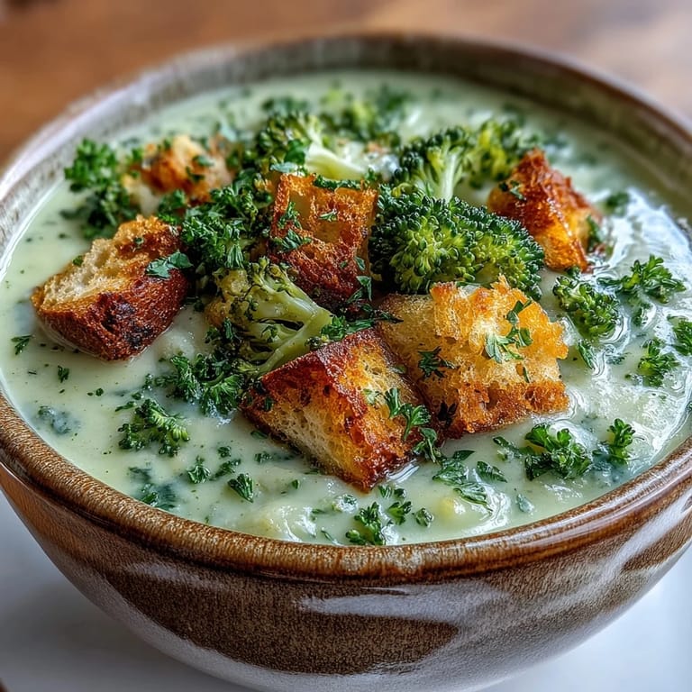Vibrant green and white creamy cauliflower and broccoli soup served with a side of crispy homemade croutons.
