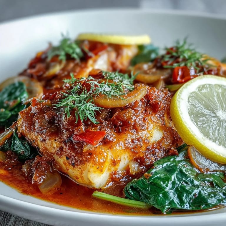A close view of Spiced Cod One Pot showing tender white fish flakes beside wilted spinach and lemon slices.