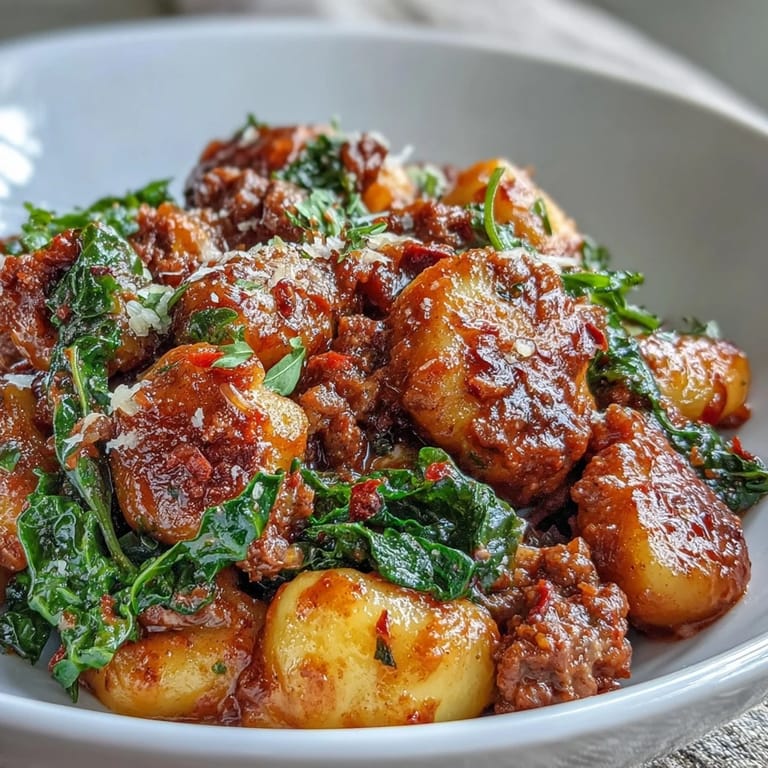 Forkful of cheesy Sausage Gnocchi with Kale lifted from a skillet, showcasing the hearty Italian-inspired sauce clinging to each soft gnocchi.