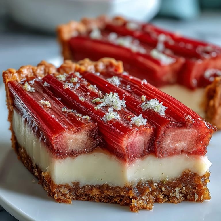 Creamy white chocolate and elderflower tart garnished with pink rhubarb, served with a dollop of whipped cream and mint.