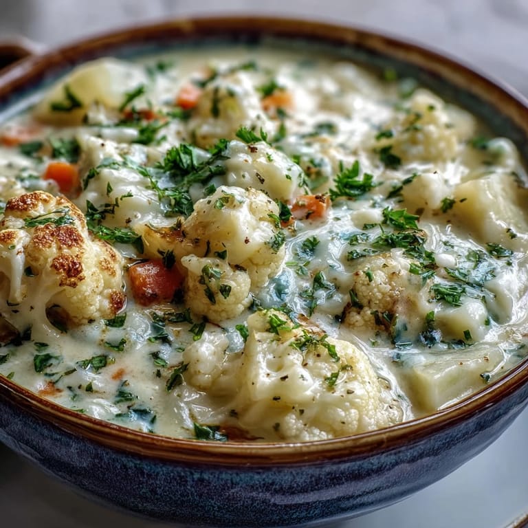 Steam rises from this cozy Vegetarian Cauliflower Chowder, with chunky potatoes and carrots visible in a rich broth.