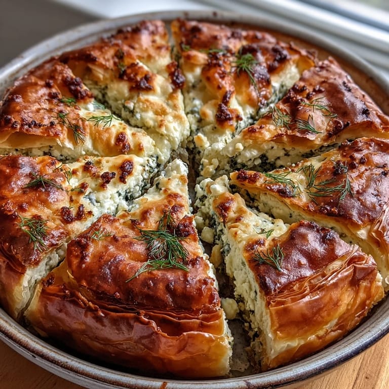 Feta and Kale Börek rests on a rustic wooden board, ready to be enjoyed with a side salad.