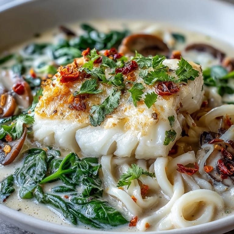 Udon noodles soaking up a warming coconut broth, with tender poached Cod With Spiced Coconut Broth and Udon Noodles, fresh spinach, and scallions.
