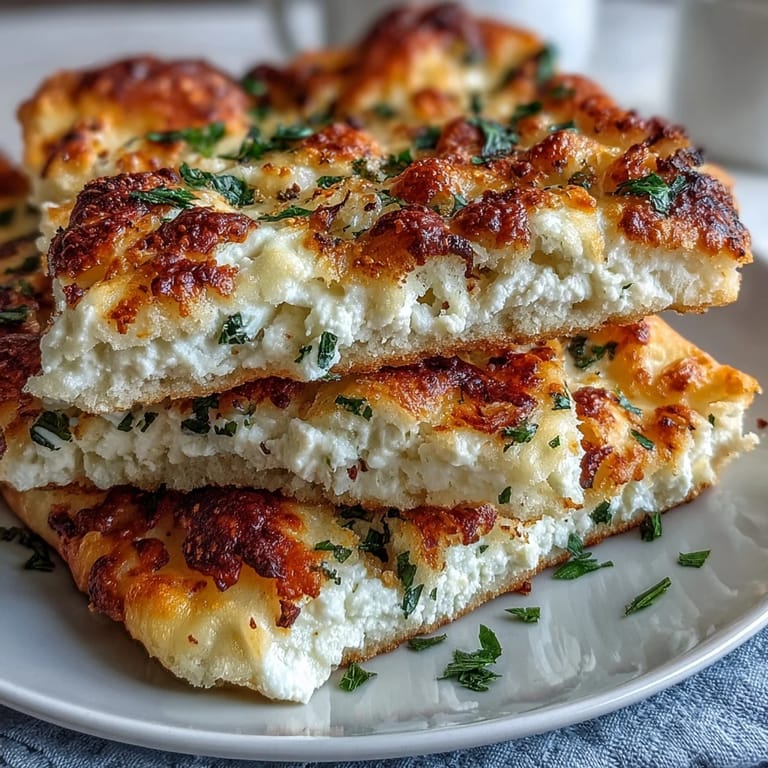 Four warm Fluffy Cottage Cheese Flatbreads stacked on a wooden board, garnished with herbs and olive oil.