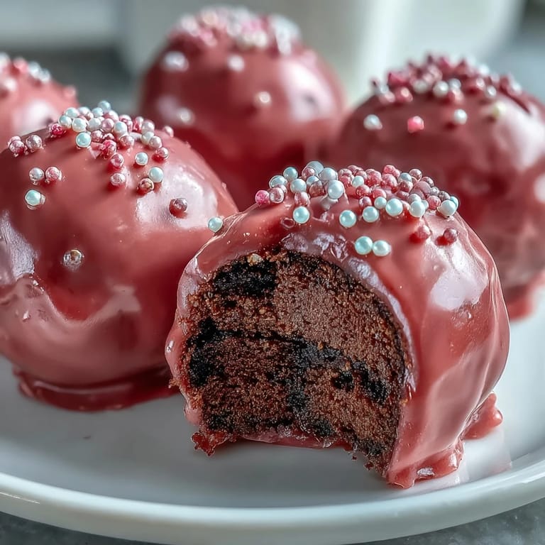 Chilled Oreo truffle balls coated in smooth pink candy shell, served on a platter with a festive appearance.