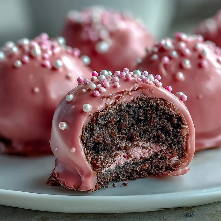 Stack of bite size Oreo truffle balls with glossy pink candy coating, ready to serve for parties or gifts.