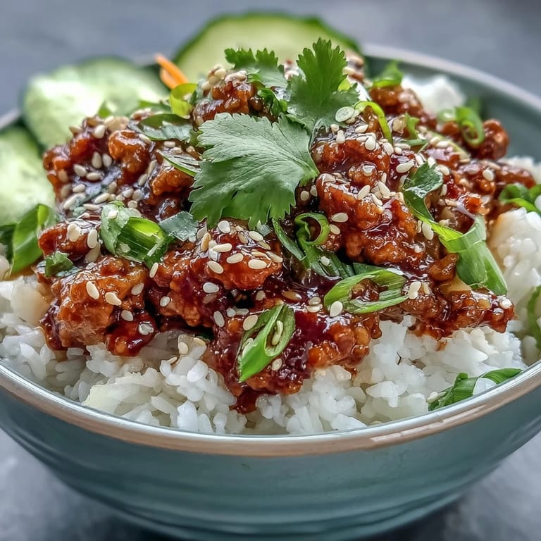 Freshly prepared Bang Bang Ground Turkey Rice Bowls featuring crunchy veggies and scallions, perfect for a quick weeknight dinner.