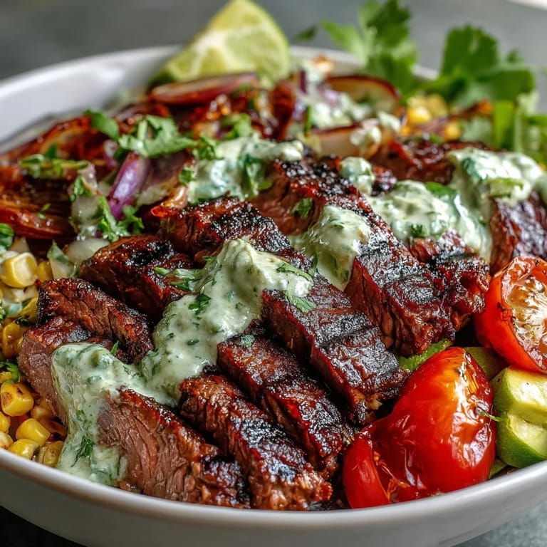 Tender steak and roasted corn mingle with avocado, tomatoes, and cilantro cream sauce in a Tex-Mex dinner bowl.