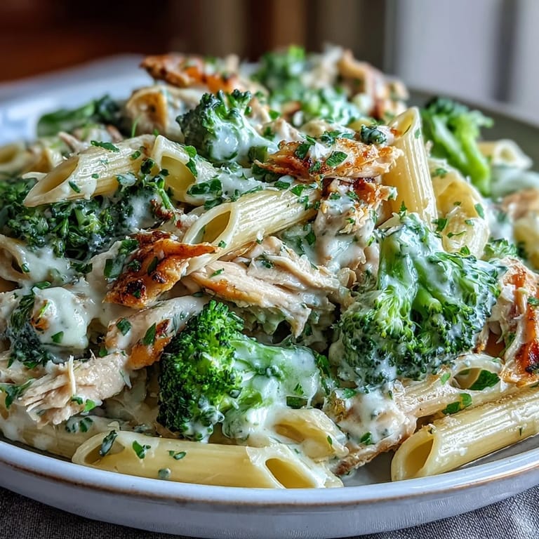 High Protein Rotisserie Chicken Broccoli Pasta with whole-wheat penne, juicy chicken, and fresh parsley garnish.