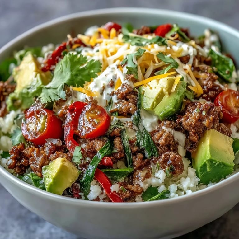 A Low Carb Burrito Bowl features seasoned beef, cauliflower rice, crisp romaine, and a dollop of sour cream.