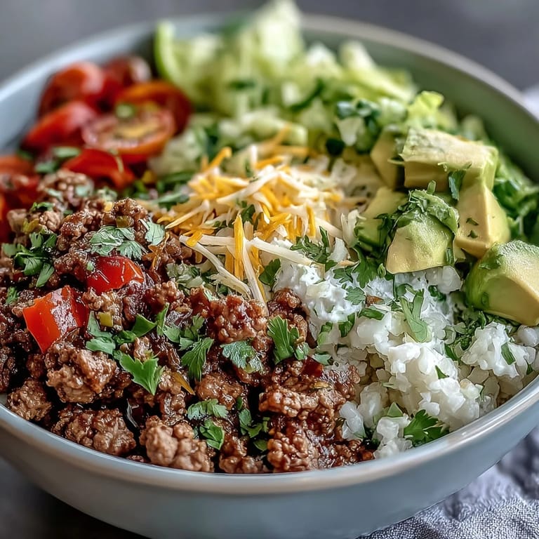 A Low Carb Burrito Bowl garnished with cilantro and tomatoes, ready to serve with lime wedges for tang.