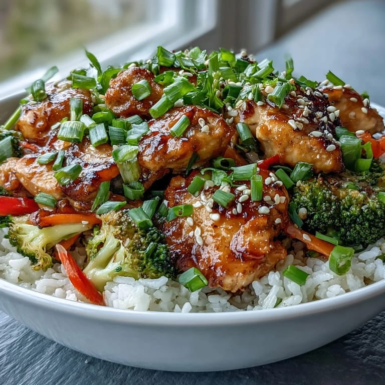 A wholesome Chicken and Rice Bowl topped with vibrant carrots, fresh green onions, and sesame seeds, served in a rustic bowl for a comforting family meal.