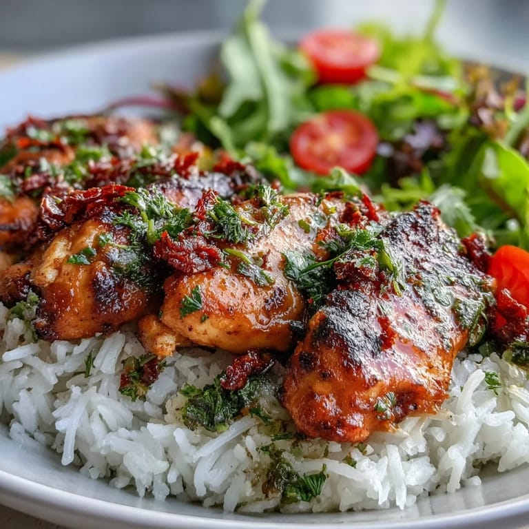 A close-up of golden-brown chicken, sun-dried tomatoes, and toasted pine nuts on rice, showcasing the hearty Sun-Dried Tomato Chicken Bowl garnish.