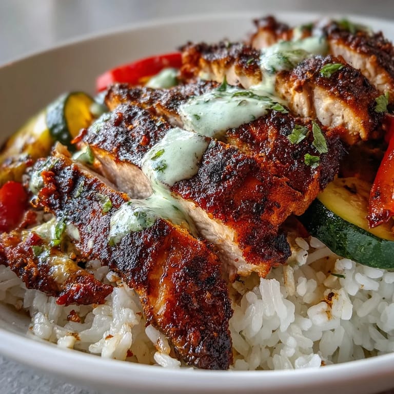 Overhead shot of a fresh Blackened Chicken Bowl featuring seasoned chicken, fluffy rice, colorful veggies, and a creamy lime crema sauce perfect for a weeknight dinner.