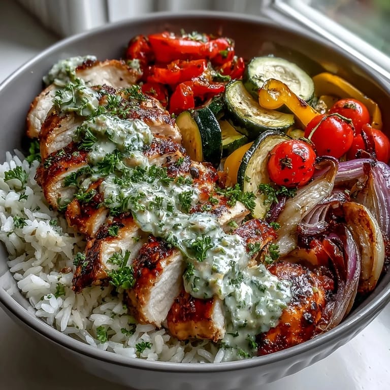 Close-up of Lemon Herb Roasted Chicken Bowl showing golden roasted chicken, fluffly rice, and vibrant veggies on a white plate.