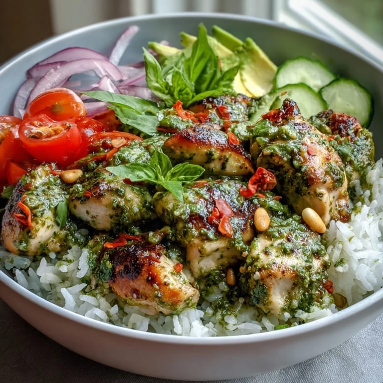 A hearty Pesto Chicken Bowl with savory chicken, fresh greens, and colorful vegetables served over rice.