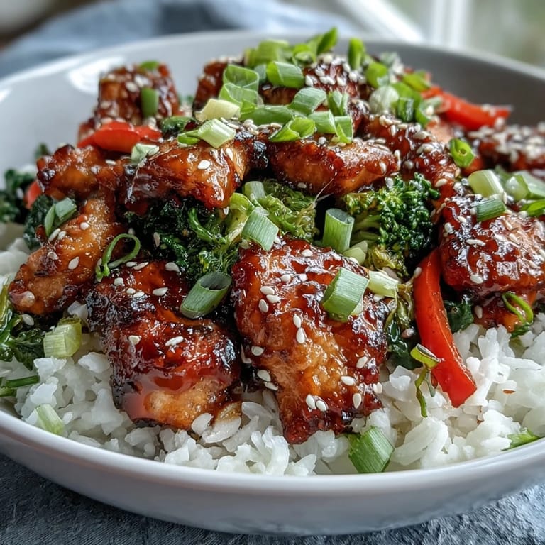 Dairy-free Honey Garlic Chicken Bowl topped with fresh green onions and sesame seeds, ready to be enjoyed for dinner.
