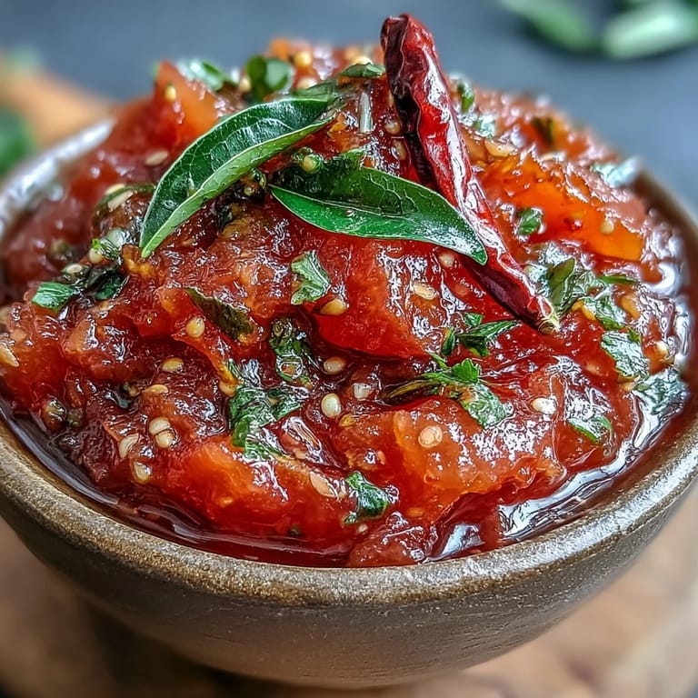 A spoon scooping into savory Guava Chutney, revealing a smooth texture with flecks of ginger and bright red chili.