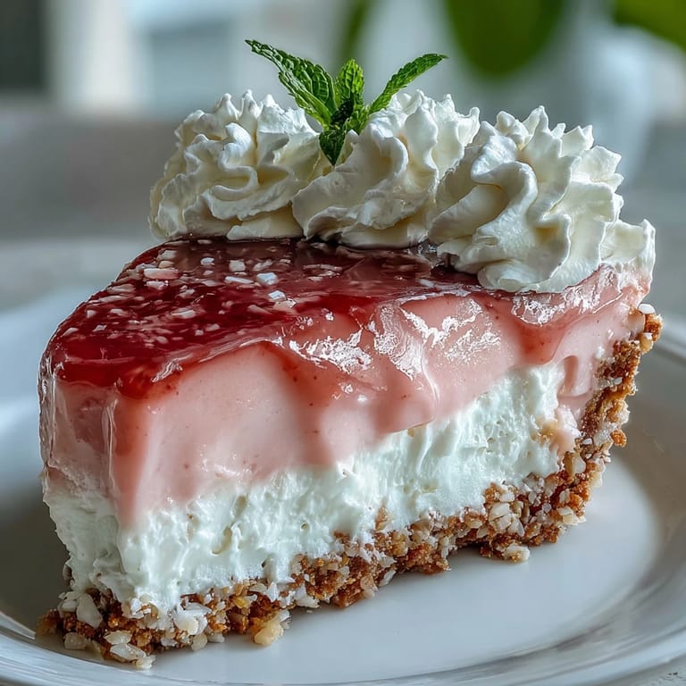 A chilled slice of Guava Cloud Pie topped with fluffy whipped cream and lime zest.  