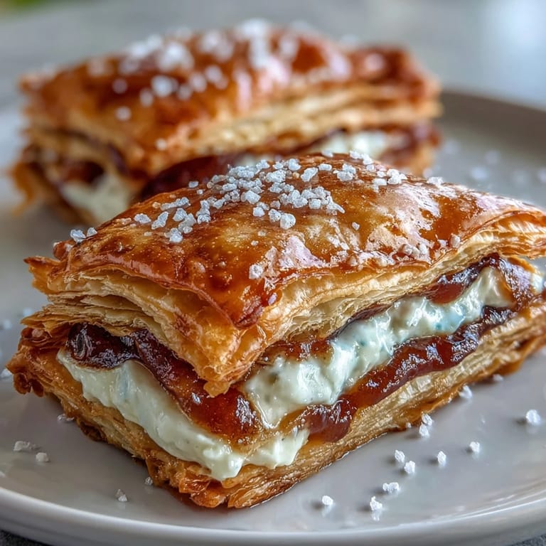 A close-up of Guava and Cream Cheese Pastelitos showing golden puff pastry and a creamy cheese center.