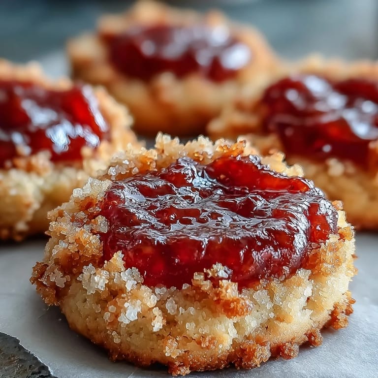 A close-up of Guava Jam Thumbprint Cookies revealing buttery crumbly edges and a vibrant guava jam center on a marble slab.