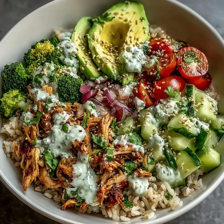 Colorful rotisserie chicken bowl with vibrant vegetables, avocado slices, and zesty dressing on a bed of hearty grains.