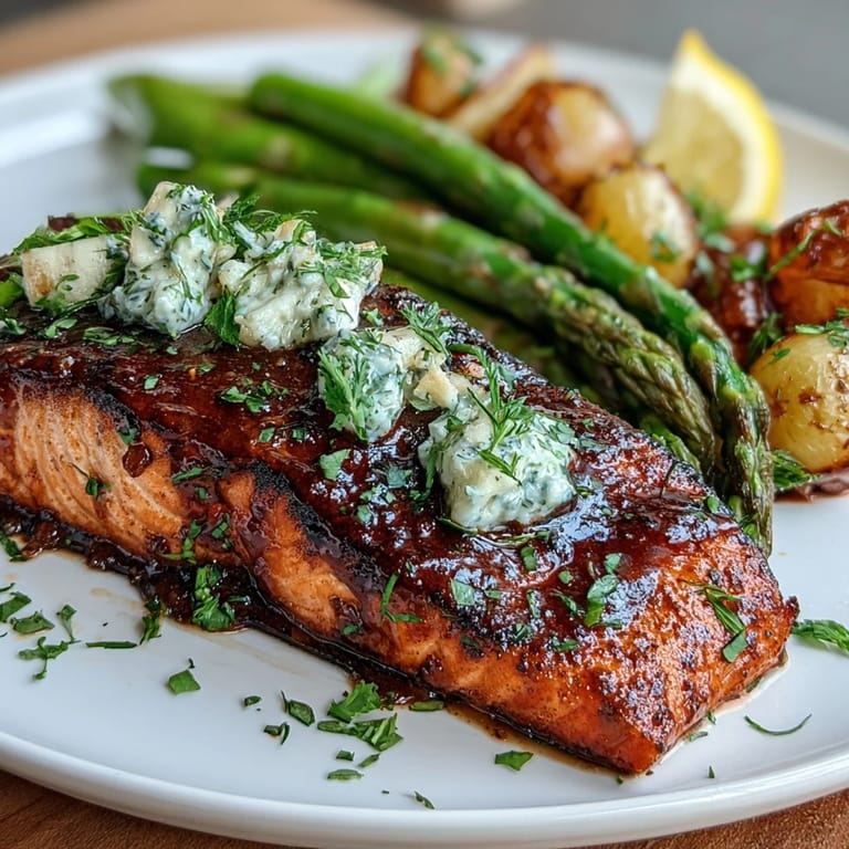 Elegant roasted salmon fillets with crisp asparagus, bathed in a fragrant garlic butter glaze, perfect for a quick yet impressive dinner.