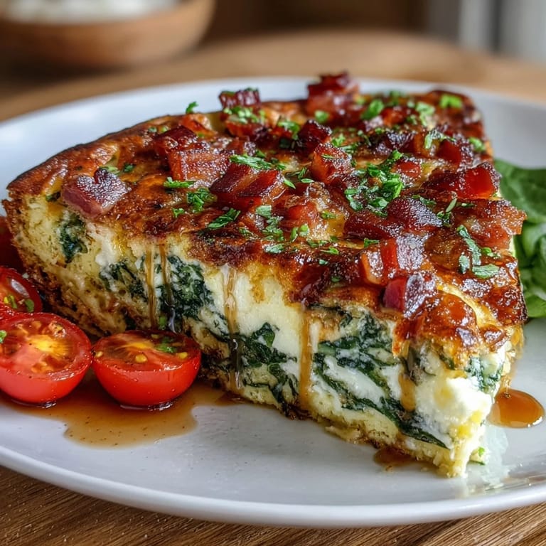 Fluffy baked frittata loaded with ham, spinach, tomatoes, and gooey cheese—ideal for a hearty breakfast or brunch.  