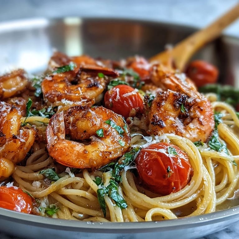 A quick, easy one-pot meal featuring tender angel hair pasta, plump shrimp, and fresh spring vegetables in a zesty garlic-lemon broth.