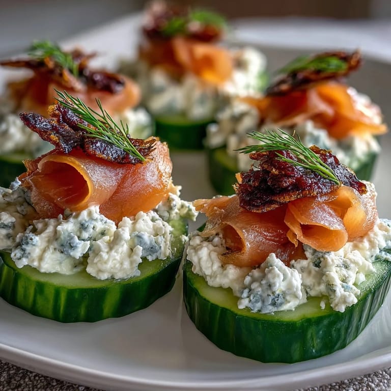 Refreshing cucumber bites featuring smooth cheese spread, smoky salmon ribbons, and tangy capers—perfect for summer entertaining.