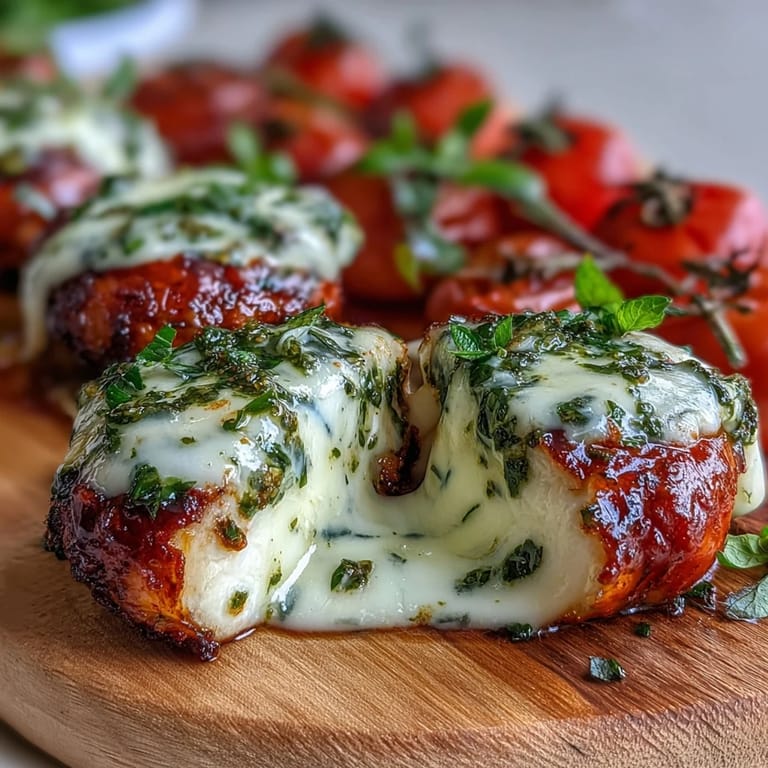 Colorful Caprese skewers featuring ripe tomatoes, soft mozzarella, and fresh basil, topped with a bright, homemade pesto sauce.  