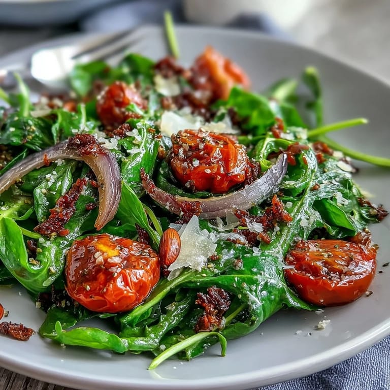 Vibrant dandelion greens tossed with cherry tomatoes, pine nuts, and Parmesan, drizzled in tangy lemon vinaigrette for a crisp salad.