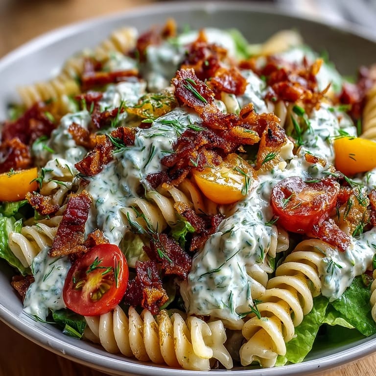 Creamy avocado ranch coats every bite of this colorful BLT pasta, blending fresh lettuce, cherry tomatoes, and savory bacon.