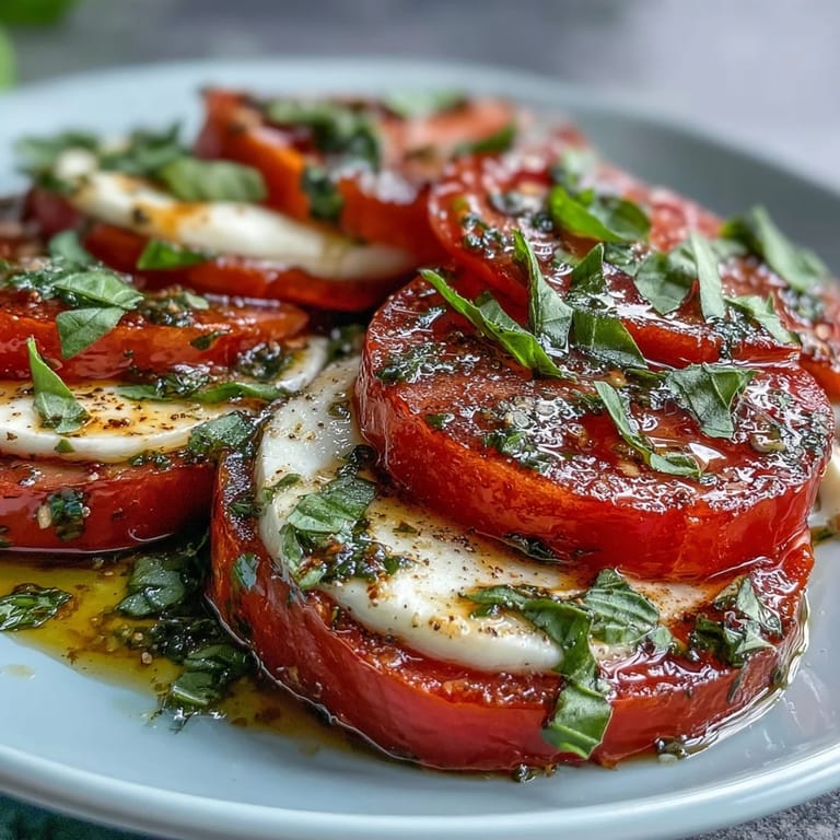 Classic Caprese salad featuring ripe tomatoes, fresh mozzarella, and vibrant basil oil, beautifully arranged on a white platter.