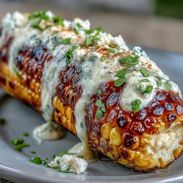 Mexican-style grilled corn coated in rich elote sauce, crumbled cheese, and fresh herbs, served with a squeeze of lime.