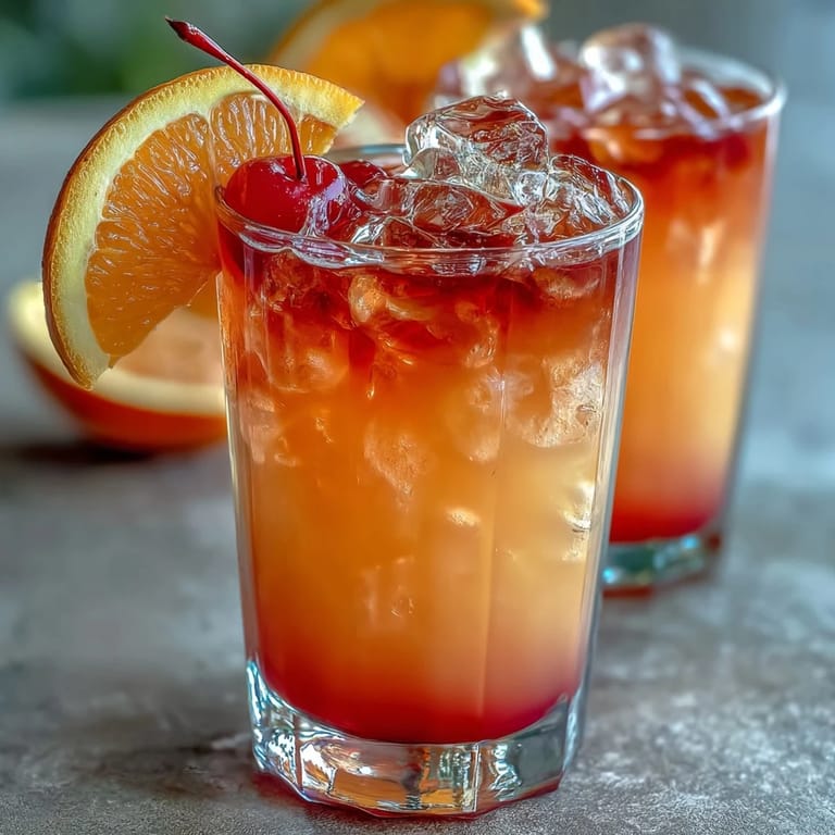 Layered sunrise mocktail with grenadine and tropical pineapple-orange blend, garnished with fresh citrus and cherries for a festive look.