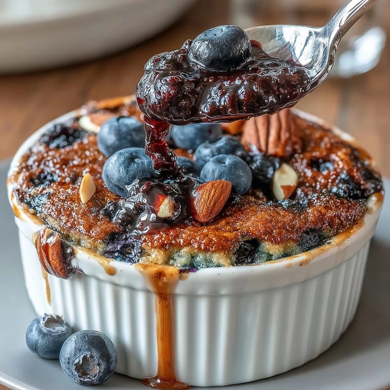 Golden baked oats with fresh blueberries and a drizzle of maple syrup, perfect for a nourishing breakfast.  